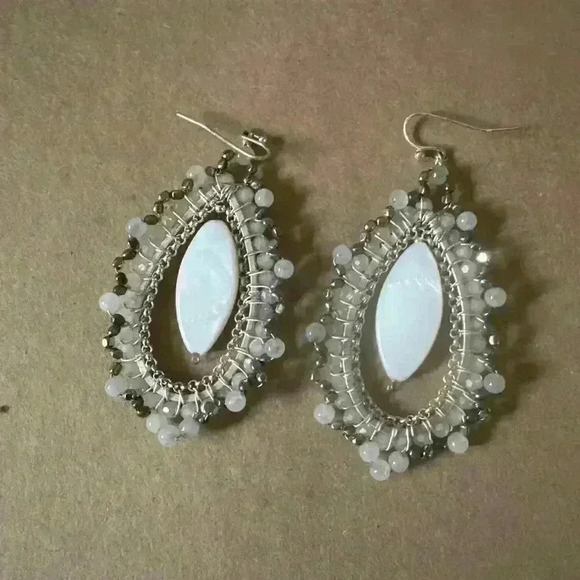 Women’s White Silver Teardrop Beaded Earrings - Picture 2 of 2